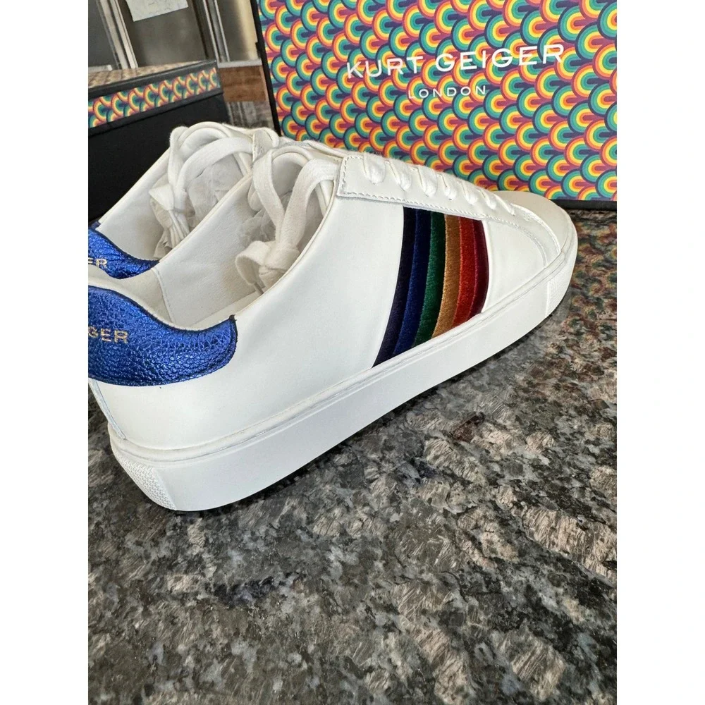 Kurt Geiger London Mens 9.5 White Leather Rainbow Stripe Low Top‎ Sneakers Shoes